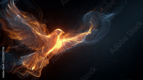 Digital artwork depicting a vibrant phoenix or holy spirit dove made of radiant orange smoke and glowing light streaks
