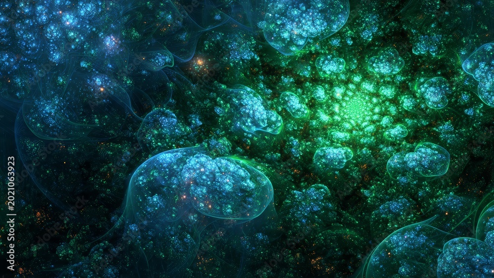 Obraz premium Digital abstract fractal artwork showcasing glowing blue and green cellular clusters in a dark environment