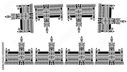 Photos Architecture icons featuring stylized building silhouettes are arranged in a repeating pattern to represent urban planning concepts, modern construction design, and structural engineering themes