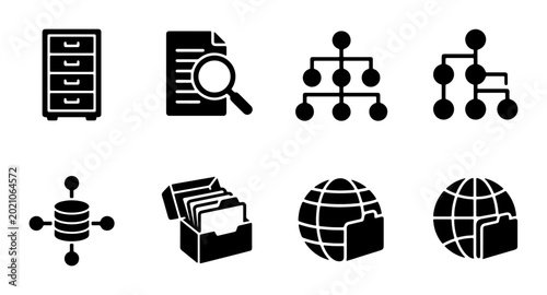Foto Data Management Icons Set, Database Organization, File Storage, Network Structur