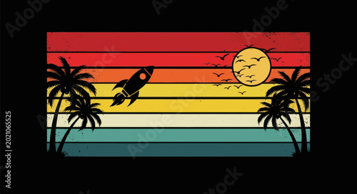 Retro sunset scene with rocket and palm trees