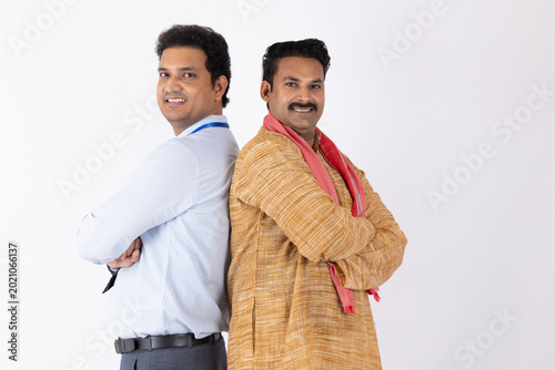 Photography Indian rural mid aged man meeting and discussion with financial bank advisor isolated on white background