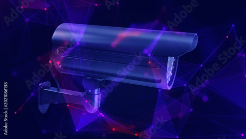 Foto Security camera, overlayed with digital plexus network