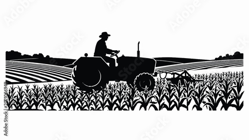 Photos A vintage style illustration depicting a farmer driving a tractor through a fiel