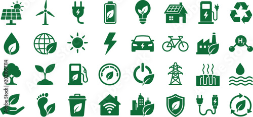 Green Energy and Renewable Sustainability Icon Set Vector