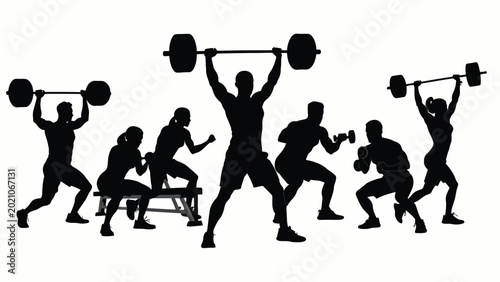 Foto Silhouettes of weightlifters in dynamic poses showcasing strength and athletic t