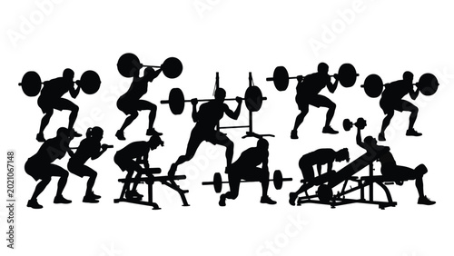 Quadro su tela Silhouettes of weightlifters performing various exercises at the gym