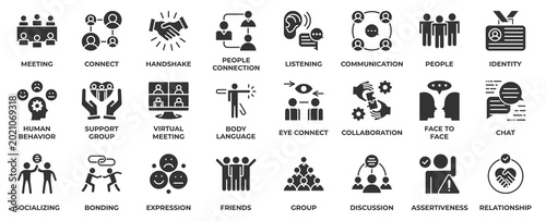 Human Interaction icon set collection in glyph style, an icon pack contain relationship, collaboration, group, handshake, communication, meeting, face to face, chat, discussion. Vector Illustration.