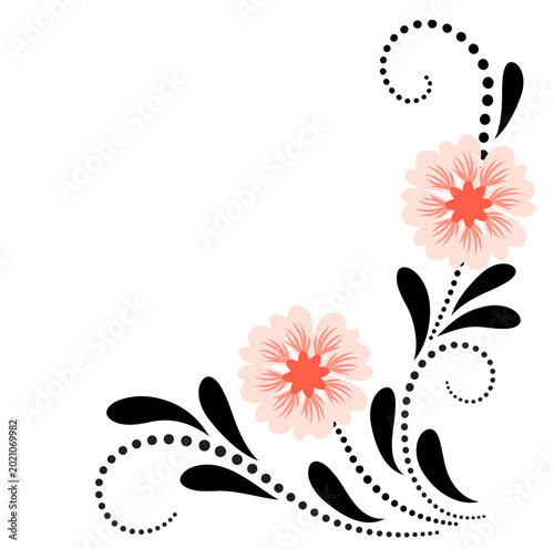Floral corner ornament with flowers. Decorative element for decor and text greeting or invitation card design.