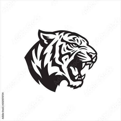 Black and white tiger head with open mouth roaring