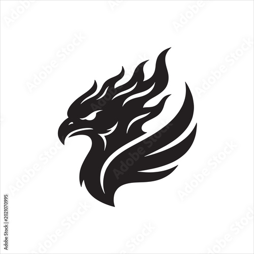 Black phoenix head stylized bird of fire white background