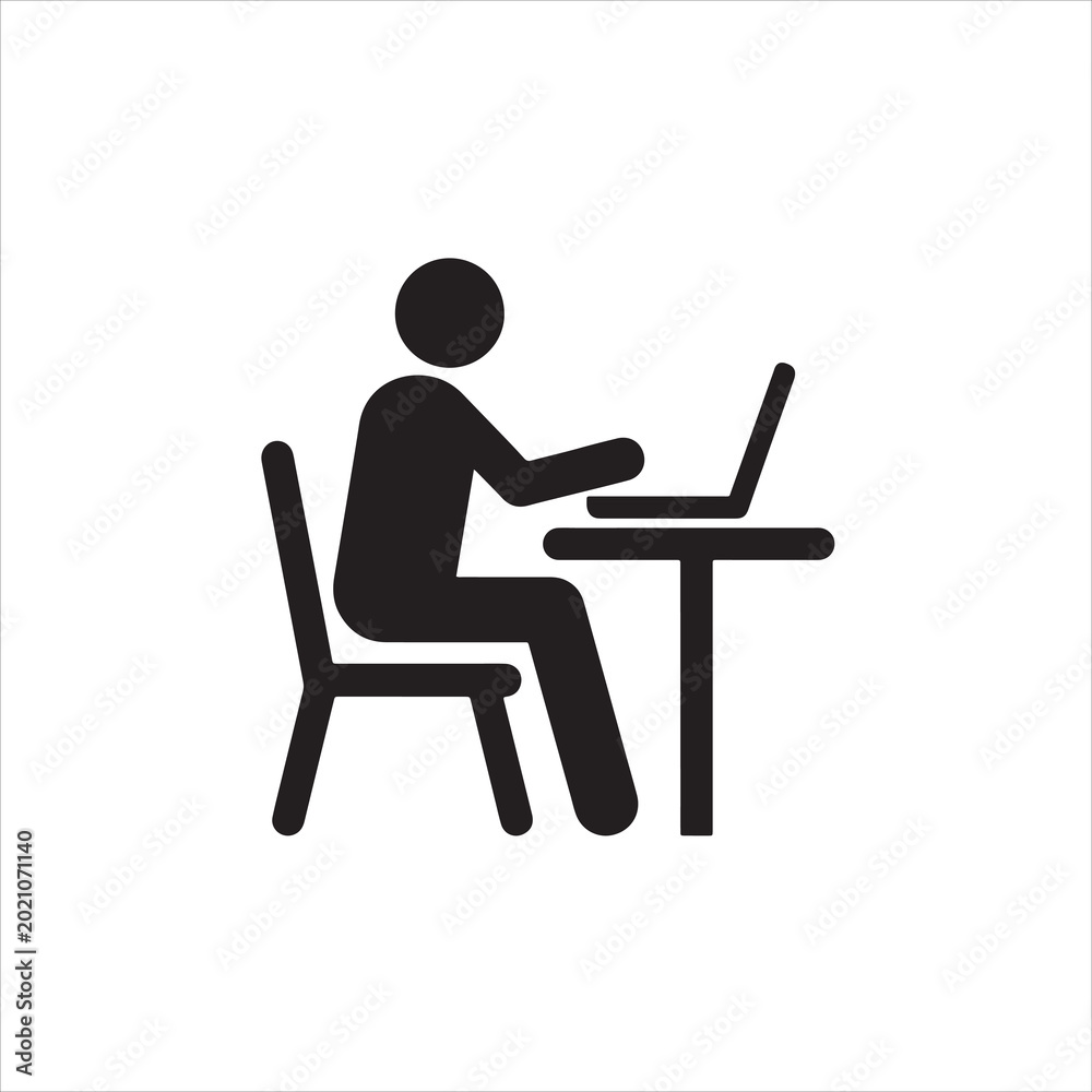 Fototapeta premium Black silhouette of a person sitting at a desk working on a laptop