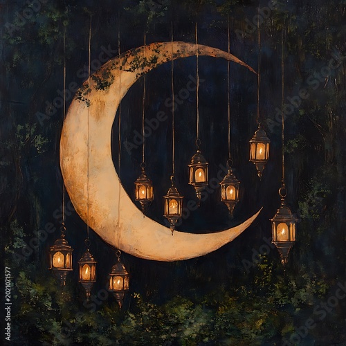 Illuminated crescent moon with hanging lanterns dark academia aesthetic