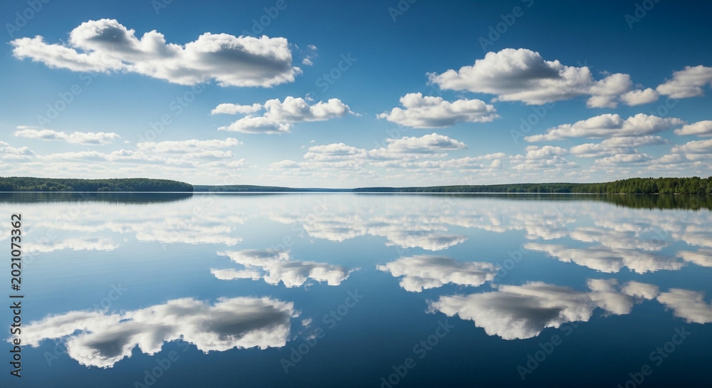 Obraz premium Clouds reflect in a calm lake for a banner.