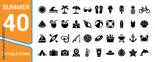 Obraz na płótnie Summer solid icon set.  Editable vector illustration mega pack