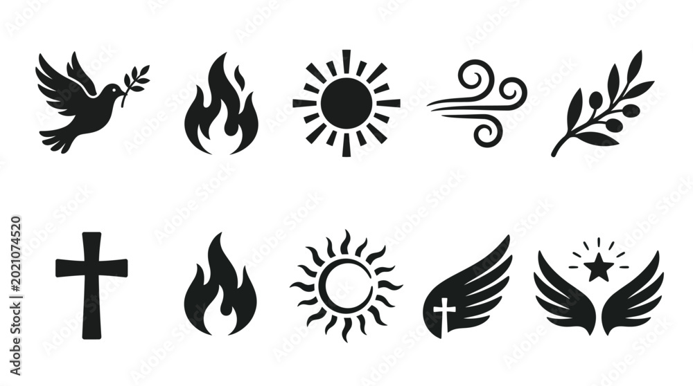 Obraz premium Spiritual Symbol Vector Icons – Dove, Flame, Sun, Wind, Olive Branch, Cross, Wings, Moon, and Chalice Silhouettes