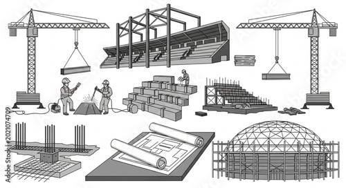 Bild auf Leinwand Construction site with cranes and building materials illustration