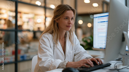 Pharmacist seated at dual monitor workstation reviews flagged drug interaction alert for elderly cardiac patient, clinical decision support software displaying contraindication warnings, busy retail