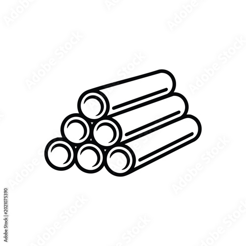Black and white vector icon of stacked metal reinforcement bars steel rebar rods for construction industry design