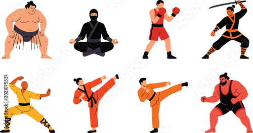 Martial Arts Fighters and Combat Sports Athletes Vector Character Set