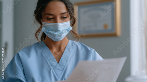 Laser tattoo removal technician in full personal protective equipment reviewing client medical intake form before procedure, framed operator certification visible on clinical room wall beside locked