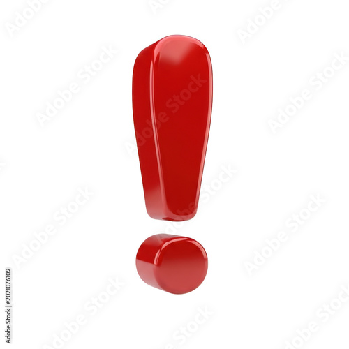Red 3d exclamation mark floating in space glossy finish on transparent background