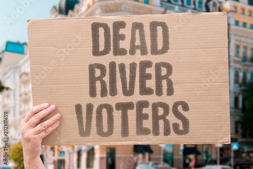Slika na platnu "Dead River Voters" Dead rivers silenced voters and arms-funded schools share broken governance