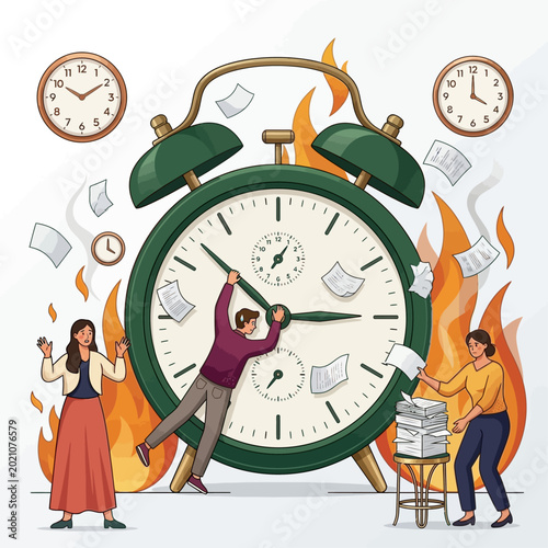Konstfotografi People working frantically around a large burning alarm clock with papers flying