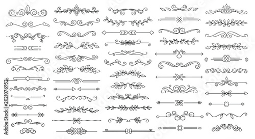 Assorted collection of black and white decorative page dividers, floral flourishes, and ornamental line elements for graphic design.