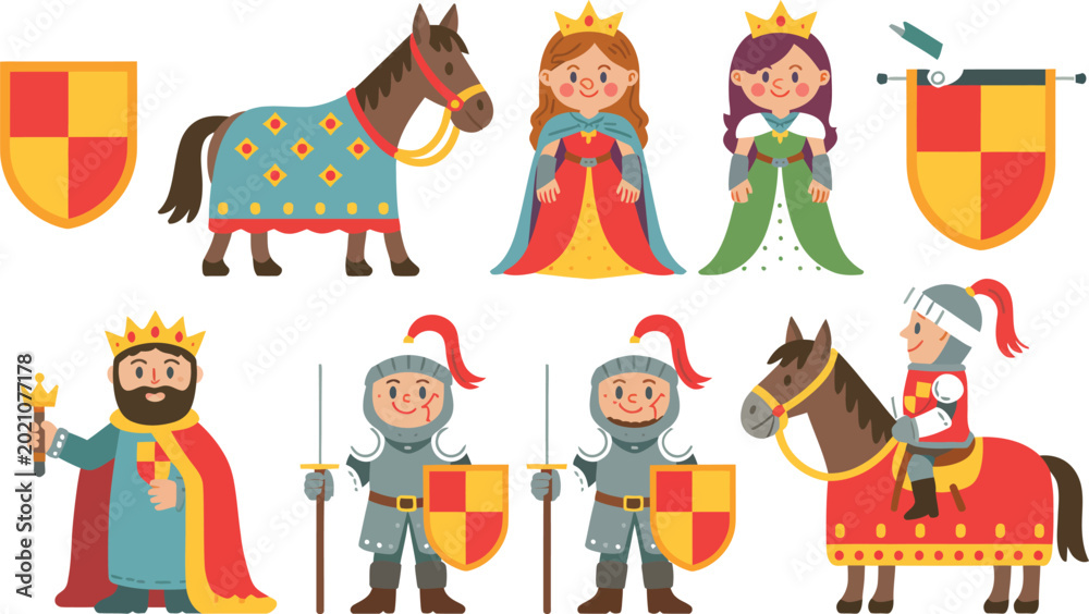 Fototapeta premium Medieval cartoon characters and animals set Vector