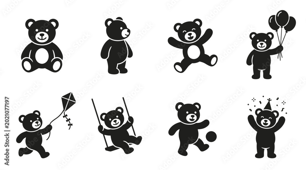Obraz premium Teddy Bear Playtime Vector Icons – Cute Bear Silhouettes with Balloons, Swing, Kite, and Toy Train