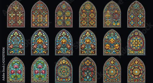 Colorful stained glass window with intricate floral designs Vector