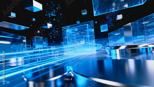 This 3D rendered cyber futuristic scene features glowing blue holographic cubes, light trails and reflective metallic surfaces in a dark digital data space.