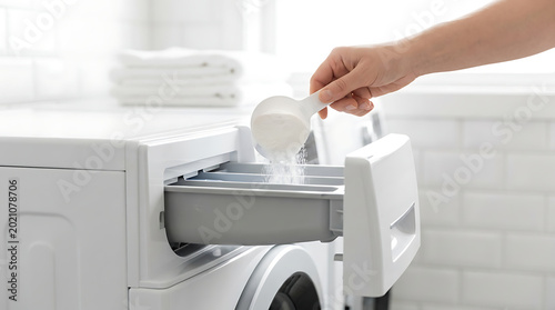Hand Pouring White Laundry Detergent Powder Into Washing Machine Drawer Container