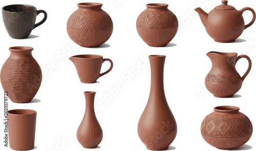 Collection of rustic ceramic teapots and vases Vector