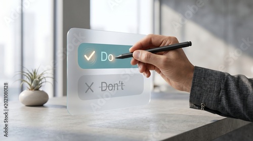 Man using stylus to select do option on digital checklist interface. Virtual reality task management and productivity concept. Professional decision making with innovative technology.