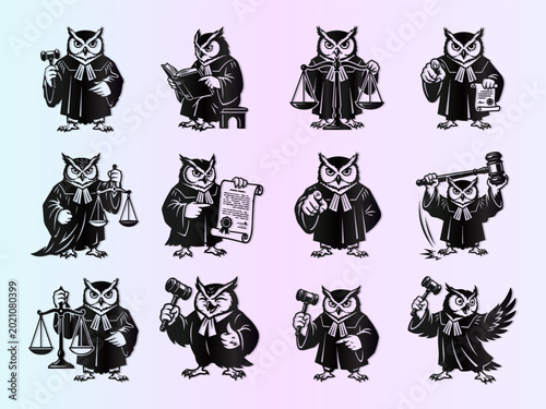 Wise Owl Judge Mascot Set for Law and Justice Concepts - Legal Character Illustrations