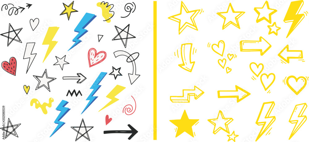 Fototapeta premium Hand-drawn doodle vector set featuring stars, lightning bolts, hearts, and arrows. Ideal for creative graphic design and playful decorative accents