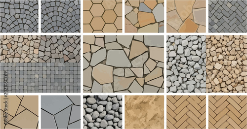 Collection of stone and brick paving patterns with various textures including cobblestone flagstone and pebbles for architectural landscaping vector illustration