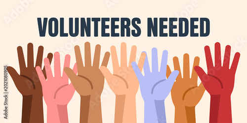 Colorful raised hands graphic showing volunteers needed for community support