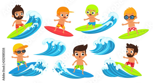 Cartoon Surfers Riding Waves, Summer Beach Fun, Vector Illustration