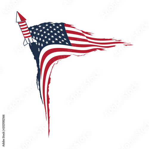 American flag with firework rocket for july fourth holiday