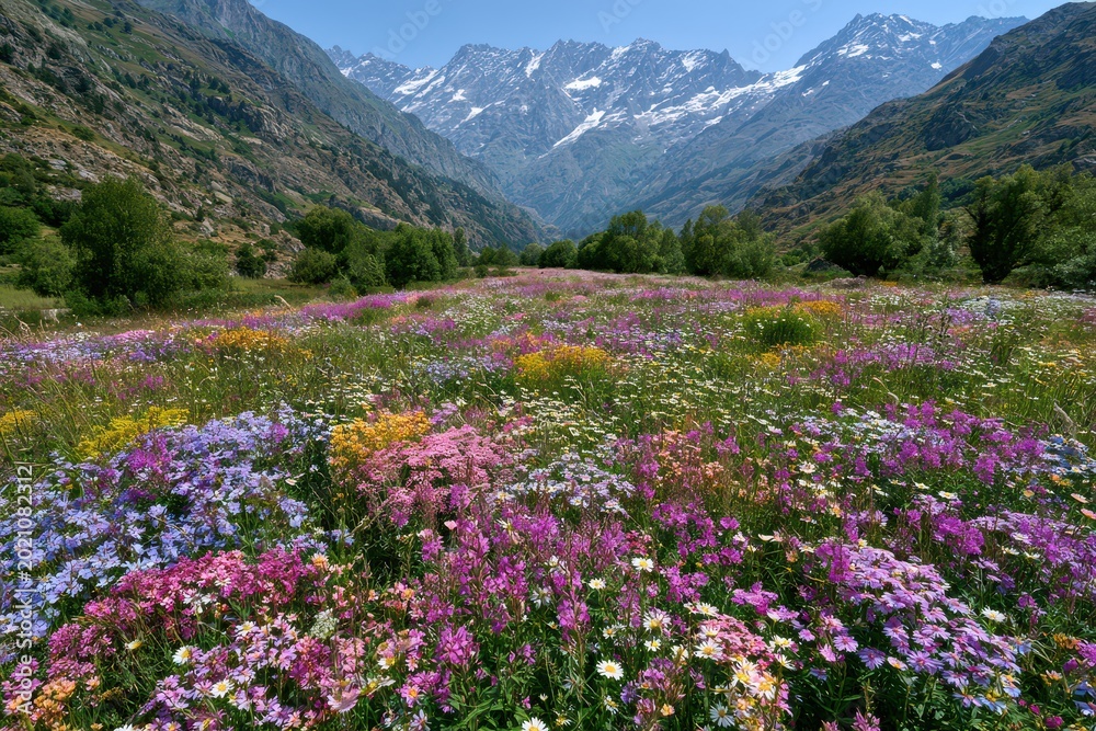 Obraz premium Vibrant alpine meadow bursting with colorful wildflowers beneath majestic snow-capped mountains.