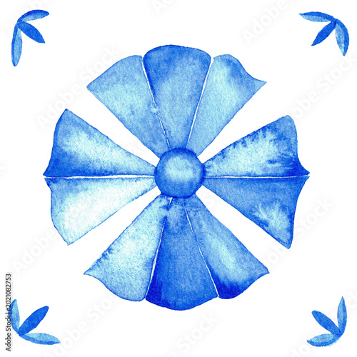 Blue Watercolor Floral Ceramic Tile Illustration