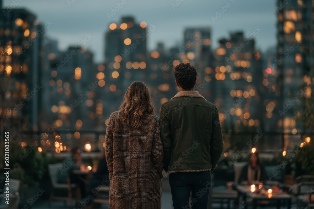 Fototapeta premium Couple enjoying a romantic evening on a rooftop overlooking a city skyline with bokeh lights at dusk.