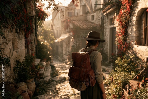 A lone traveler with a backpack explores a charming cobblestone street lined with ancient stone buildings and vibrant red flowers.