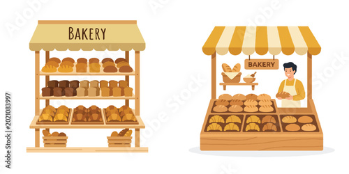 odern flat illustration of a stall filled with simple loaf shapes and croissants, warm yellow and brown tones, minimalist style, no outline, plain white background
