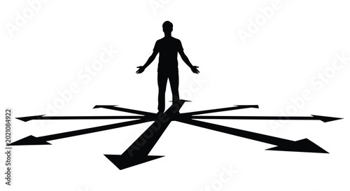 Foto A silhouette of a man standing at a crossroads with multiple arrows