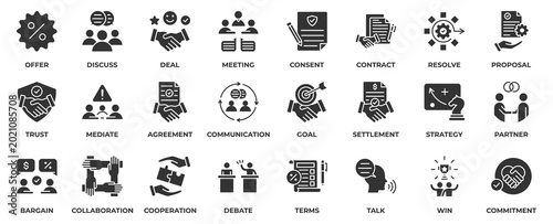 Photos Negotiation icon set collection in solid black style, an icon pack contain business, offer, contract, meeting, deal, agreement, resolve, mediate, cooperation, strategy and partner