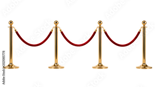 Golden stanchions with red velvet rope isolated on transparent background